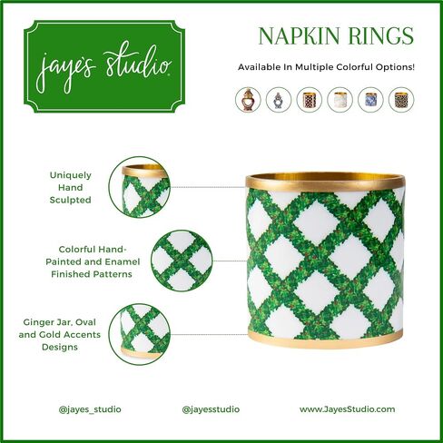 Jaye's Studio 3" Napkin Rings, Gold Trim & Finish, Enameled, Handcrafted Metal, Luxury Napkin Holder, 4-Pack of Napkin Rings (Boxwood Trellis Design) in Saudi Arabia