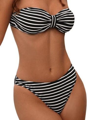 MakeMeChic Women's 2 Piece Bandeau Swimsuits Striped Knot Ribbed High Cut Bikini Set Bathing Suit in Saudi Arabia