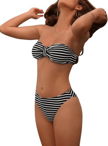MakeMeChic Women's 2 Piece Bandeau Swimsuits Striped Knot Ribbed High Cut Bikini Set Bathing Suit in Saudi Arabia