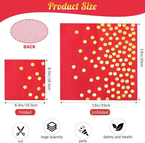 Harloon 200 Pack Christmas Paper Napkins Foil Stamping Polka Dot Napkins Disposable Square Napkins for Birthdays, Weddings, Christmas Party Decorations, Family Dinners, 6.5 x 6.5 Inch(Red) in Kuwait