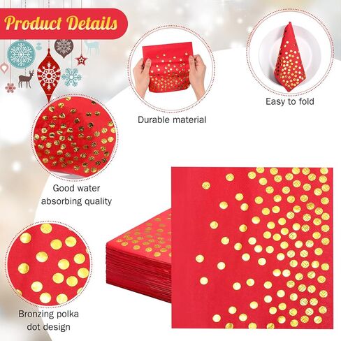 Harloon 200 Pack Christmas Paper Napkins Foil Stamping Polka Dot Napkins Disposable Square Napkins for Birthdays, Weddings, Christmas Party Decorations, Family Dinners, 6.5 x 6.5 Inch(Red) in Kuwait