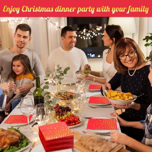 Harloon 200 Pack Christmas Paper Napkins Foil Stamping Polka Dot Napkins Disposable Square Napkins for Birthdays, Weddings, Christmas Party Decorations, Family Dinners, 6.5 x 6.5 Inch(Red) in Kuwait