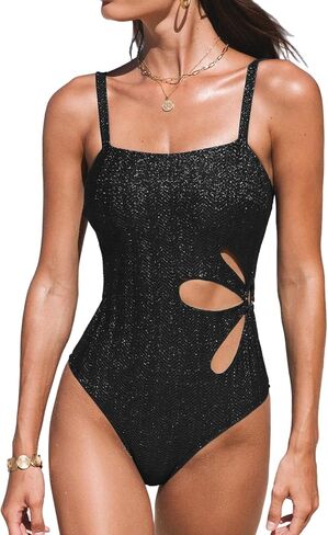 CUPSHE Women's One Piece Swimsuit Bathing Suit Square Neck Cutout Adjustable Straps Textured Shining O-Ring in Saudi Arabia