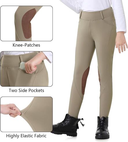 Kids Horse Riding Pants Winter Fleece Lined Girls Equestrian Breeches Knee-Patch Horseback Tights with Pockets in Kuwait