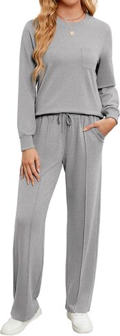 Women's 2 Piece Outfits Lounge Set, Long Sleeve Crewneck Sweatshirt Fall Drawstring Tracksuit Sweatsuit with Pockets in Kuwait