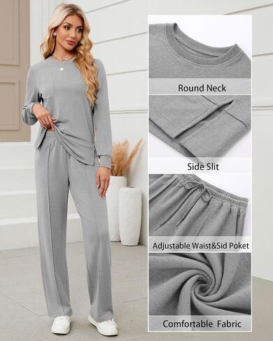 Women's 2 Piece Outfits Lounge Set, Long Sleeve Crewneck Sweatshirt Fall Drawstring Tracksuit Sweatsuit with Pockets in Kuwait