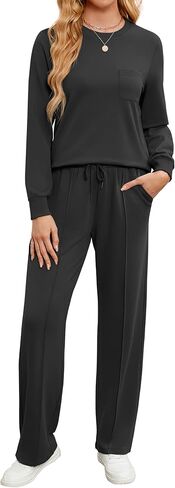 طقم ملابس نسائي مكون من قطعتين، سويت شيرت بياقة دائرية وأكمام طويلة، بدلة رياضية للخريف برباط مع جيوب in Kuwait