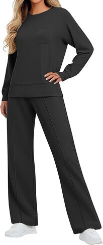 طقم ملابس نسائي مكون من قطعتين، سويت شيرت بياقة دائرية وأكمام طويلة، بدلة رياضية للخريف برباط مع جيوب in Kuwait