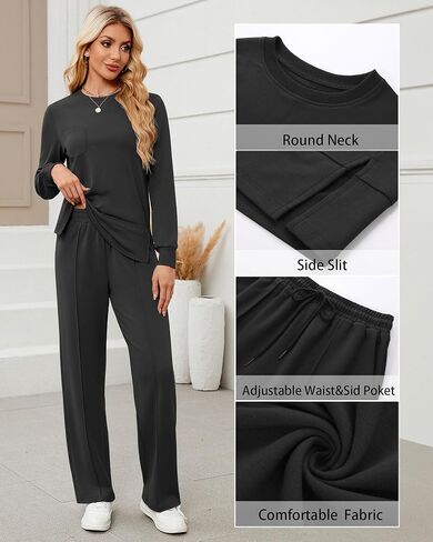 طقم ملابس نسائي مكون من قطعتين، سويت شيرت بياقة دائرية وأكمام طويلة، بدلة رياضية للخريف برباط مع جيوب in Kuwait