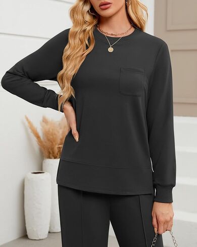 طقم ملابس نسائي مكون من قطعتين، سويت شيرت بياقة دائرية وأكمام طويلة، بدلة رياضية للخريف برباط مع جيوب in Kuwait
