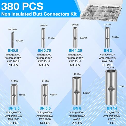 Hicarer 380 Pcs Non Insulated Butt Connectors Kit Wire Butt Splice Connectors, with 400 Pcs Heat Shrink Tubing Kit 3: 1 Ratio Adhesive Lined, and Wire Crimping Tool for 26 to 6 Gauge Wire in Saudi Arabia