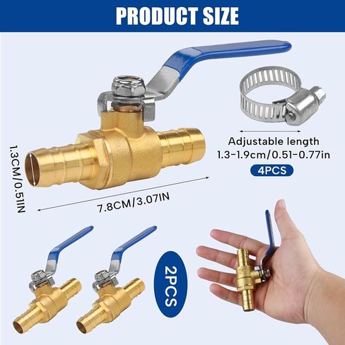 2 Pcs Brass Hose Barb Ball Valve Kit, 5/8" (16mm) Hose Shut Off Valve with 4 Pcs Stainless Steel Clamps, PEX Shut Off Valves for Hot and Cold Water, Oil, Gas, Fuel line Fittings in Saudi Arabia