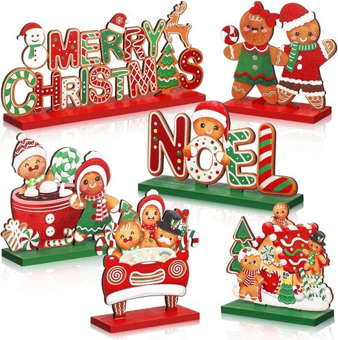 Blosssound 6 Pcs Christmas Wooden Table Decorations Gingerbread Man Table Signs Merry Christmas Noel Hot Cocoa Gingerbread House Candy Cane Table Centerpieces for Xmas Holiday Table Top Decor in Saudi Arabia