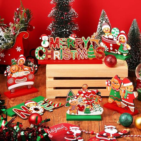 Blosssound 6 Pcs Christmas Wooden Table Decorations Gingerbread Man Table Signs Merry Christmas Noel Hot Cocoa Gingerbread House Candy Cane Table Centerpieces for Xmas Holiday Table Top Decor in Saudi Arabia
