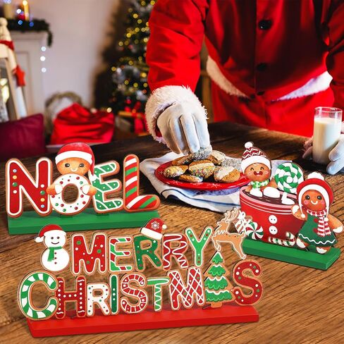 Blosssound 6 Pcs Christmas Wooden Table Decorations Gingerbread Man Table Signs Merry Christmas Noel Hot Cocoa Gingerbread House Candy Cane Table Centerpieces for Xmas Holiday Table Top Decor in Saudi Arabia