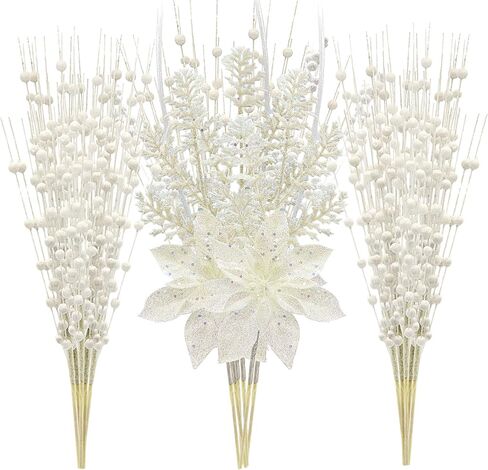 24 Pack Artificial Glitter Berry Stem Ornaments 17.5 Inch Pink Fake Christmas Picks Decorations with Poinsettia Christmas Flowers, Bead Sticks for DIY Christmas Tree Wreath Wedding Small Vase Decor in Kuwait