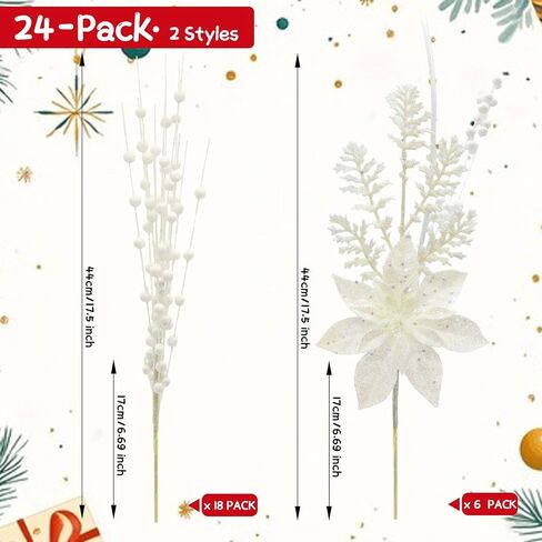 24 Pack Artificial Glitter Berry Stem Ornaments 17.5 Inch Pink Fake Christmas Picks Decorations with Poinsettia Christmas Flowers, Bead Sticks for DIY Christmas Tree Wreath Wedding Small Vase Decor in Kuwait