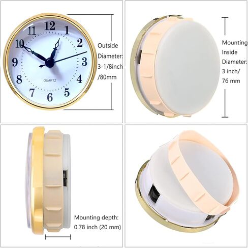ساعة كوارتز صغيرة من HILLHOME إدراج 3-1/8 بوصة (80 مم) حركة كوارتز دائرية ساعة مصغرة بقرص أبيض وأرقام عربية مزخرفة بالذهب، تناسب فتحة قطر 3.0 بوصة (76 مم) in Kuwait
