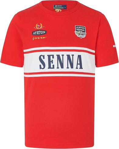 تي شيرت رجالي من Ayrton Senna Legacy Patchwork - أحمر، قطن عضوي، شعارات مطرزة، تصميم كلاسيكي لرياضة السيارات in Saudi Arabia