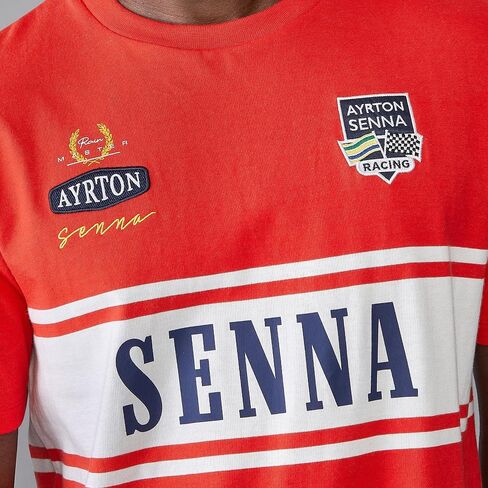 تي شيرت رجالي من Ayrton Senna Legacy Patchwork - أحمر، قطن عضوي، شعارات مطرزة، تصميم كلاسيكي لرياضة السيارات in Saudi Arabia