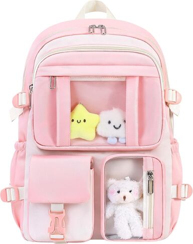 Kawaii Backpack for School Girls Cute Bag with Kawaii Stuff Bear Pendant Backpack Aesthetic for Kids (Pink) in Kuwait