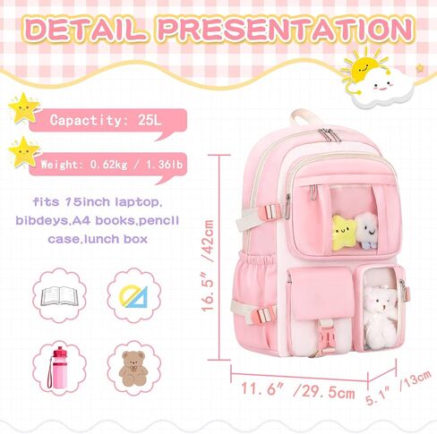 Kawaii Backpack for School Girls Cute Bag with Kawaii Stuff Bear Pendant Backpack Aesthetic for Kids (Pink) in Kuwait