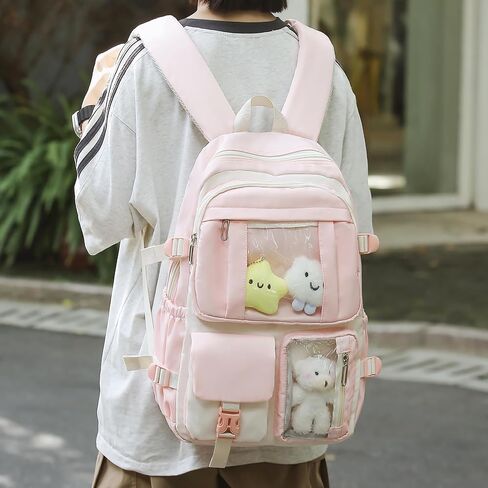 Kawaii Backpack for School Girls Cute Bag with Kawaii Stuff Bear Pendant Backpack Aesthetic for Kids (Pink) in Kuwait