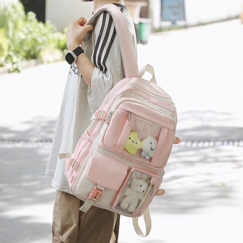 Kawaii Backpack for School Girls Cute Bag with Kawaii Stuff Bear Pendant Backpack Aesthetic for Kids (Pink) in Kuwait