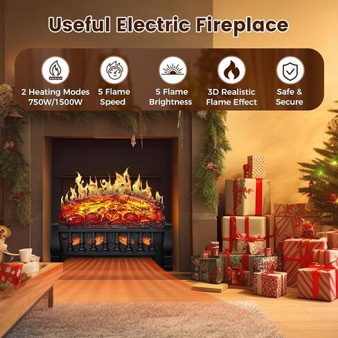 21 Inches Electric Fireplace Insert Log Heater Set, Freestanding Heater with Adjustable Flame Brightness and Flicker Speed, 750w/1500w Heating, Overheat Protection, Remote Control in Saudi Arabia