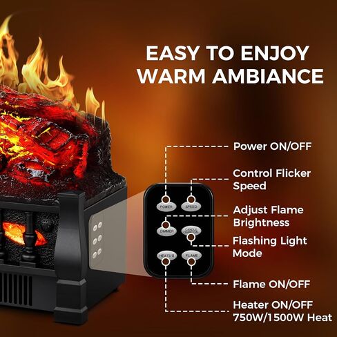 21 Inches Electric Fireplace Insert Log Heater Set, Freestanding Heater with Adjustable Flame Brightness and Flicker Speed, 750w/1500w Heating, Overheat Protection, Remote Control in Saudi Arabia
