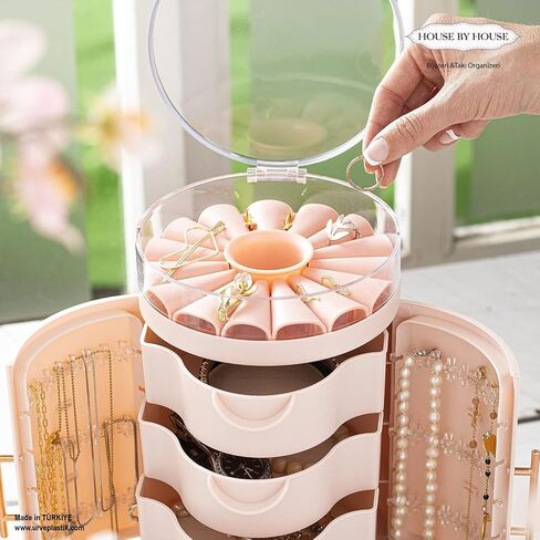 Jewelry and Ring Organizer with Countertop Storage - 3 Drawers, Earring Box, Necklace Holder and Stand, Tray Boxes for Women - Ideal for Home Decor and Bedroom, Unique - Aesthetic in Saudi Arabia