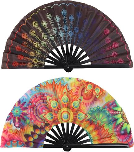2 PCS Large Folding Fan Bamboo Folding Hand Fan, Rave Fan Clack Folding Hand Fan Chinese/Japanese Nylon-Cloth Folding Fan for Festival, Dance, Performance, Party, Gift, Decoration(Sky) in Kuwait