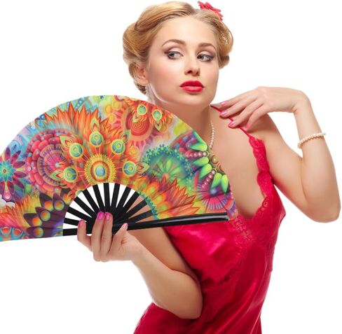 2 PCS Large Folding Fan Bamboo Folding Hand Fan, Rave Fan Clack Folding Hand Fan Chinese/Japanese Nylon-Cloth Folding Fan for Festival, Dance, Performance, Party, Gift, Decoration(Sky) in Kuwait