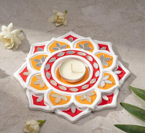 IndoTribe Tea Light Candle Holder - 6 Inch, Pack of 2 Lippan Tealight Candle Holder Red and White | T Light Holder for Diwali Decorations for Home, Indian Wedding Decorations (Red and Yellow) in Kuwait