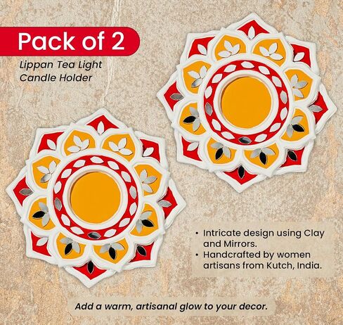 IndoTribe Tea Light Candle Holder - 6 Inch, Pack of 2 Lippan Tealight Candle Holder Red and White | T Light Holder for Diwali Decorations for Home, Indian Wedding Decorations (Red and Yellow) in Kuwait