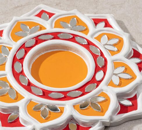 IndoTribe Tea Light Candle Holder - 6 Inch, Pack of 2 Lippan Tealight Candle Holder Red and White | T Light Holder for Diwali Decorations for Home, Indian Wedding Decorations (Red and Yellow) in Kuwait