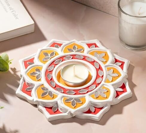 IndoTribe Tea Light Candle Holder - 6 Inch, Pack of 2 Lippan Tealight Candle Holder Red and White | T Light Holder for Diwali Decorations for Home, Indian Wedding Decorations (Red and Yellow) in Kuwait