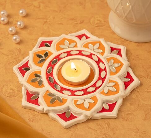 IndoTribe Tea Light Candle Holder - 6 Inch, Pack of 2 Lippan Tealight Candle Holder Red and White | T Light Holder for Diwali Decorations for Home, Indian Wedding Decorations (Red and Yellow) in Kuwait