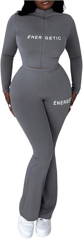 SOLY HUX Women's Tracksuit 2 Piece Outfits Zip Up Letter Graphic Long Sleeve Cropped Jacket and Pants Workout Sets in Saudi Arabia
