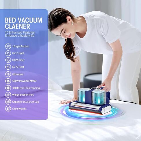 Mattress Vacuum Cleaner, 16Kpa 500W Strong Suction Bed Vacuum with 253.7nm UV-C Light & Ultrasonic and High Heating, Dual Dust Bins with Washable Filters, 500W, Corded in Kuwait