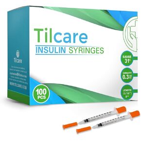 Tilcare Ultra Fine Insulin Syringes 31 G 0.3 cc 8mm 5/16" 100-Pack – Latex-Free Diabetic Syringes - Sterile Medical Syringe for Diabetes Individually Blister Packed for Your Safety