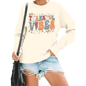 سترة MOUSYA Thanksful Vibes للسيدات بلوزات ملونة مطبوعة عليها حروف الشكر للخريف بأكمام طويلة in Kuwait