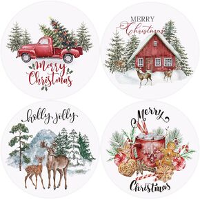 Whaline Merry Christmas Coasters Set of 4 Watercolor Farmhouse Drink Coaster Xmas Tree Truck Absorbent Ceramic Coaster Holiday Cup Mat for Mugs Cups Home Kitchen Office Party Table Decoration