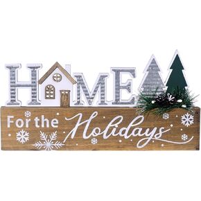 Wooden Christmas Sign Blocks, HOME for the Holiday Quote Christmas Table Decor, Xmas Centerpiece Block Sign with Snowflake & Pine Tree, Christmas Decoration for Office Desk Mantle (BROWN)