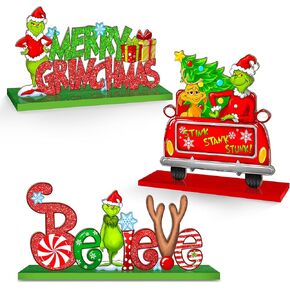 3pcs Christmas Table Signs Decorations, Merry Grinchmas Dog Centerpieces Decorative Wooden Signs, Christmas Party Table Decorations Truck Ornament for Holiday Xmas Tiered Tray Set for Xmas Holiday Winter Parties Indoor Home