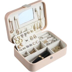 Portable Travel Jewelry Organizer,Odourless Jewelry Box with Mirror,Leather Jewellery Organizer for Rings Earring Lipstick,Jewelry Boxes for Women and Girls(Pink)