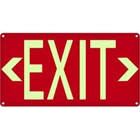 Photoluminescent Exit Sign Aluminum Red - with Removable Directional Arrows, With strong self adhesive tape, 14.25 x 7.5 - Non Electrical Red Exit Signs For 50 Feet Visibility