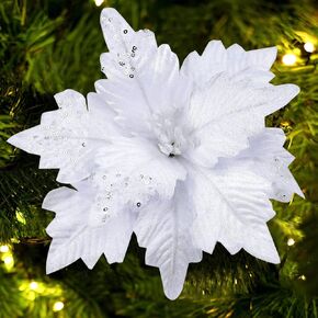 6 Pcs Large White Glitter Artificial Flowers 10.2 Inch Christmas Poinsettia Flowers Christmas Tree Decorations Artificial Poinsettia Ornaments for Xmas New Year Home Wedding Office Wreath Decor