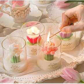 Tulip Flower Bouquet Scented Healing Candle Glass Jar,160G Handmade Long Burning Soy Wax Aroma Decorative Candle for Table Photo Prop Gift (Pink)