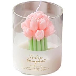 Tulip Flower Bouquet Scented Healing Candle Glass Jar,160G Handmade Long Burning Soy Wax Aroma Decorative Candle for Table Photo Prop Gift (Pink)